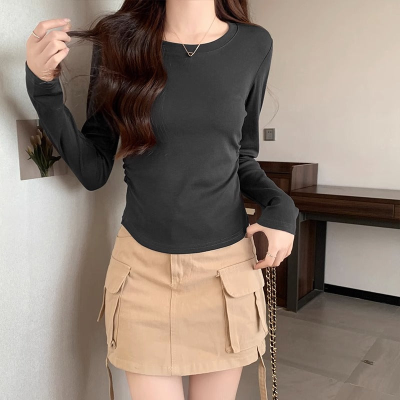 Dark Grey Pleated Slim Fit Long Sleeve Top for Women