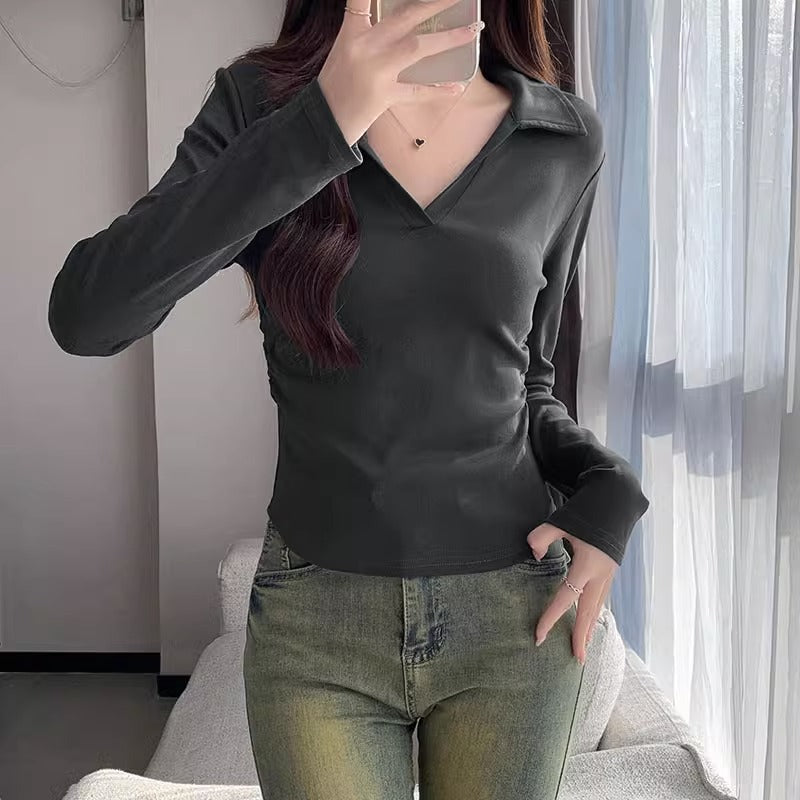 Dark Grey Polo Slim Fit Long Sleeve Top for Women