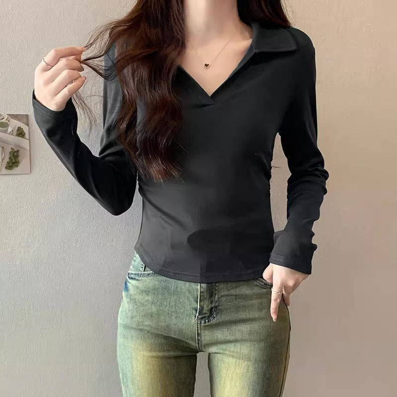 Dark Grey Polo Slim Fit Long Sleeve Top for Women