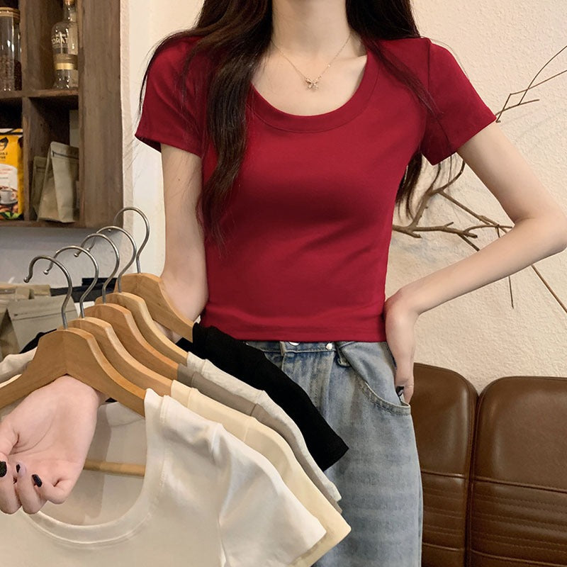 Burgundy Slim Fit Cotton Short Sleeve Top for Women