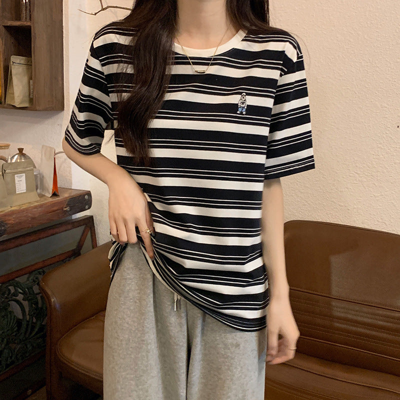 Black Striped Loose Retro T-Shirt for Women Summer