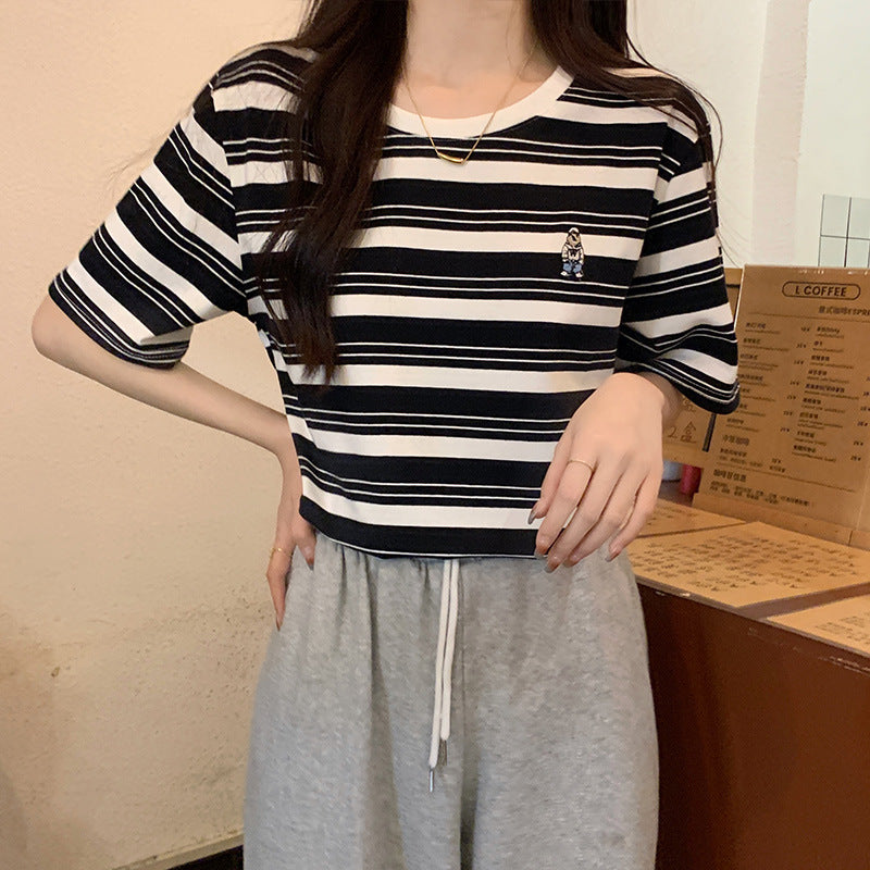 Black Striped Loose Retro T-Shirt for Women Summer