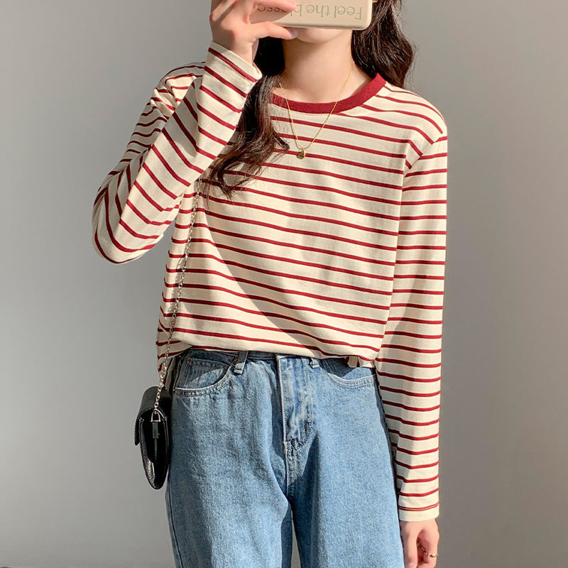 Red Striped Loose Fit Long Sleeve Top for Women