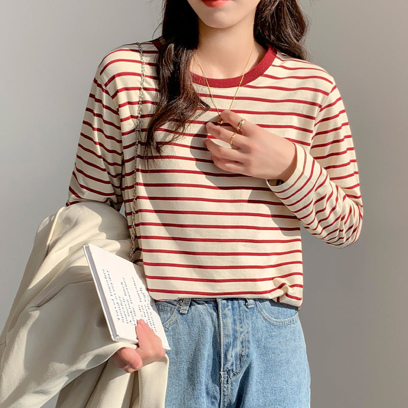 Red Striped Loose Fit Long Sleeve Top for Women