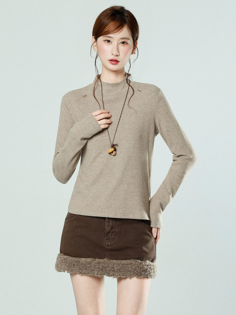 Oatmeal Fleece Half Turtleneck Slim Top for Women