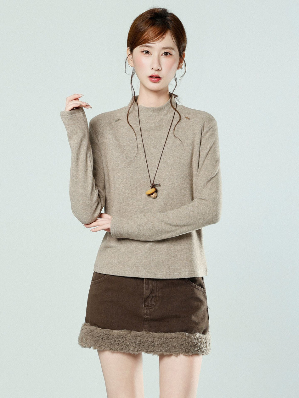 Oatmeal Fleece Half Turtleneck Slim Top for Women