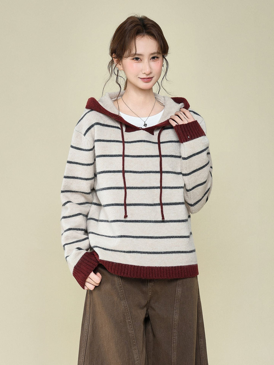 Striped Hooded Knit Sweater for Women Autumn Winter