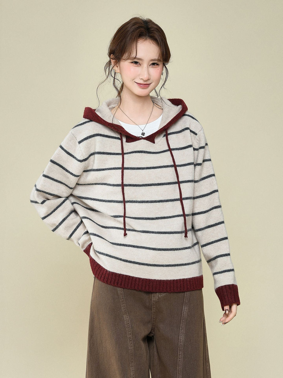 Striped Hooded Knit Sweater for Women Autumn Winter
