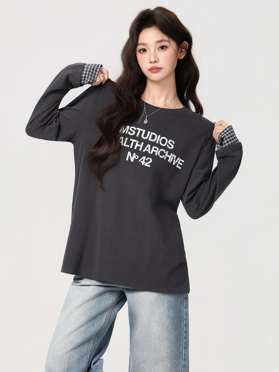 Gray Brushed Printed Loose T-Shirt Women Autumn Winter