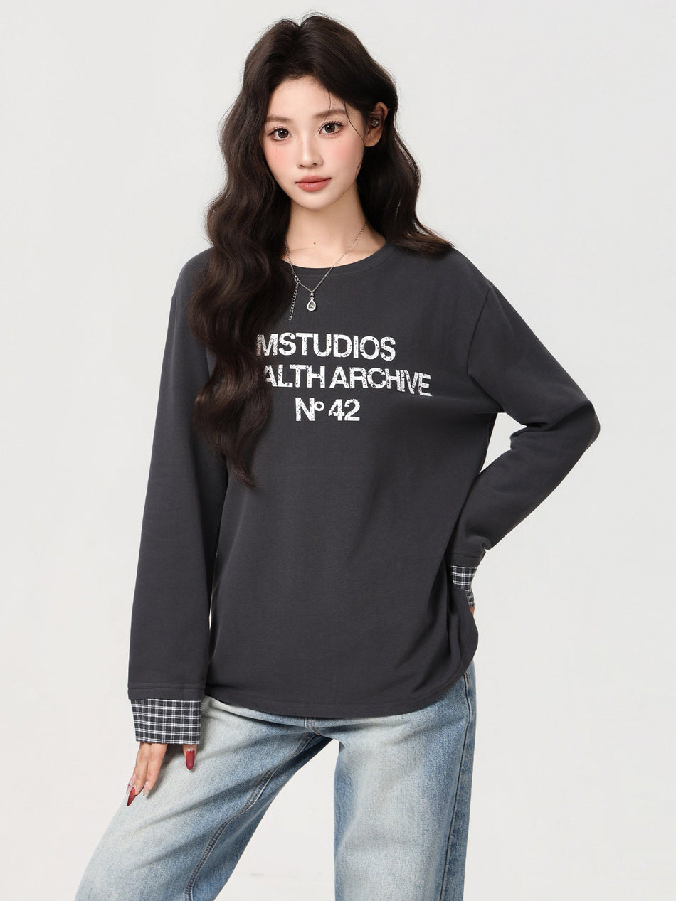 Gray Brushed Printed Loose T-Shirt Women Autumn Winter