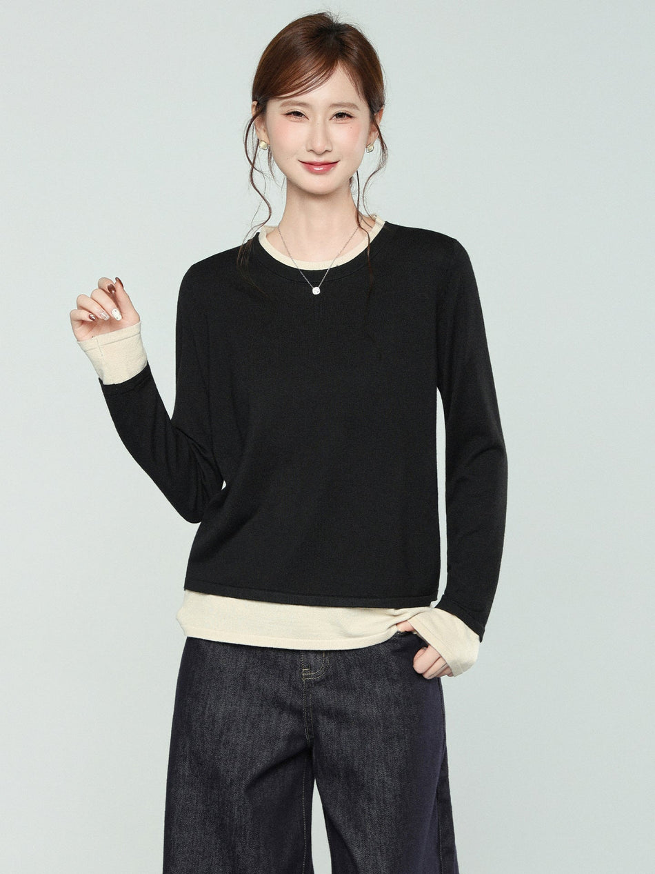 Black Contrast Stitch Knit Two-Piece Top for Women
