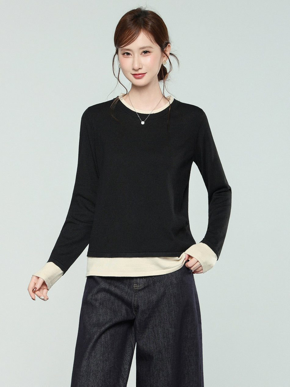 Black Contrast Stitch Knit Two-Piece Top for Women