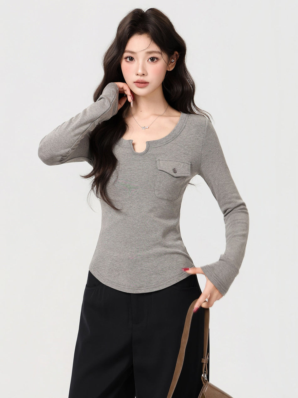 Gray Brushed Long Sleeve Slim Fit Winter Top Women