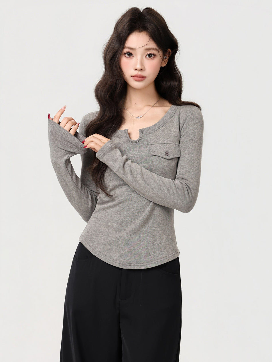 Gray Brushed Long Sleeve Slim Fit Winter Top Women