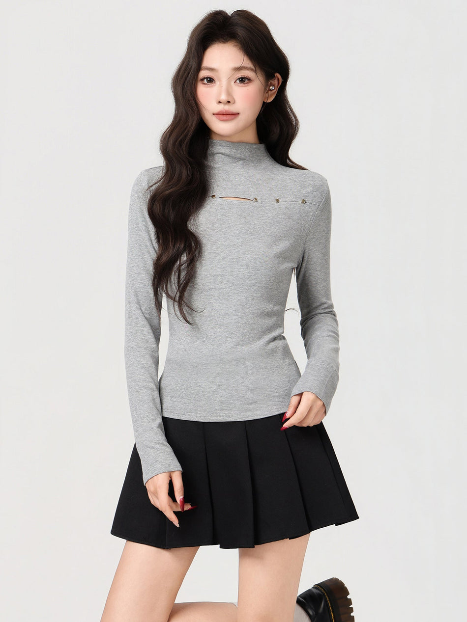 Korean Brushed Half Turtleneck Button Top Women Winter