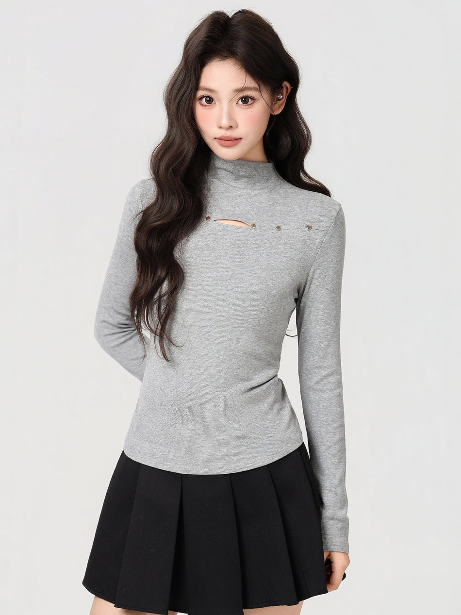 Korean Brushed Half Turtleneck Button Top Women Winter