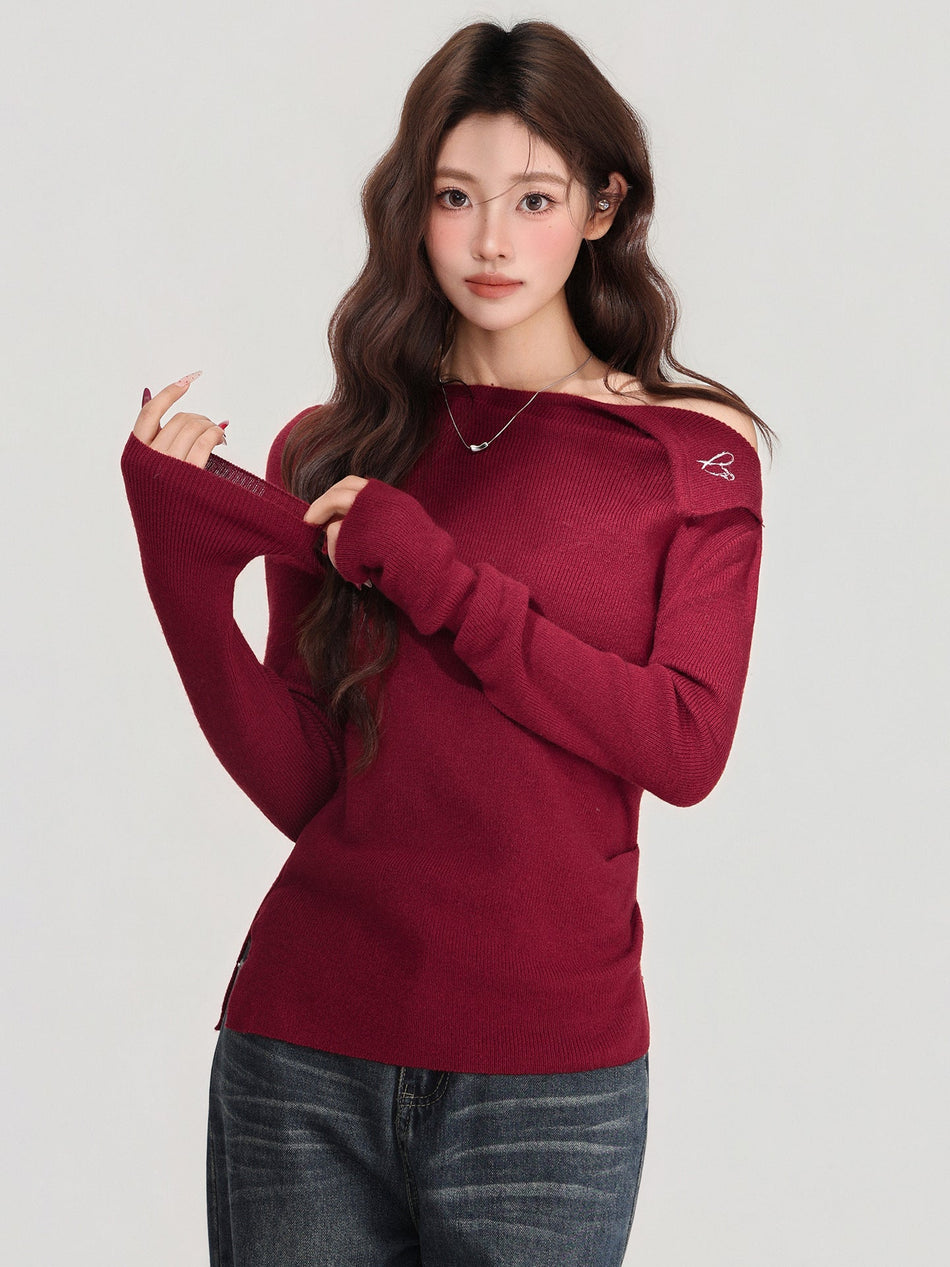 Christmas Red Off-Shoulder Knit Sweater Women Winter