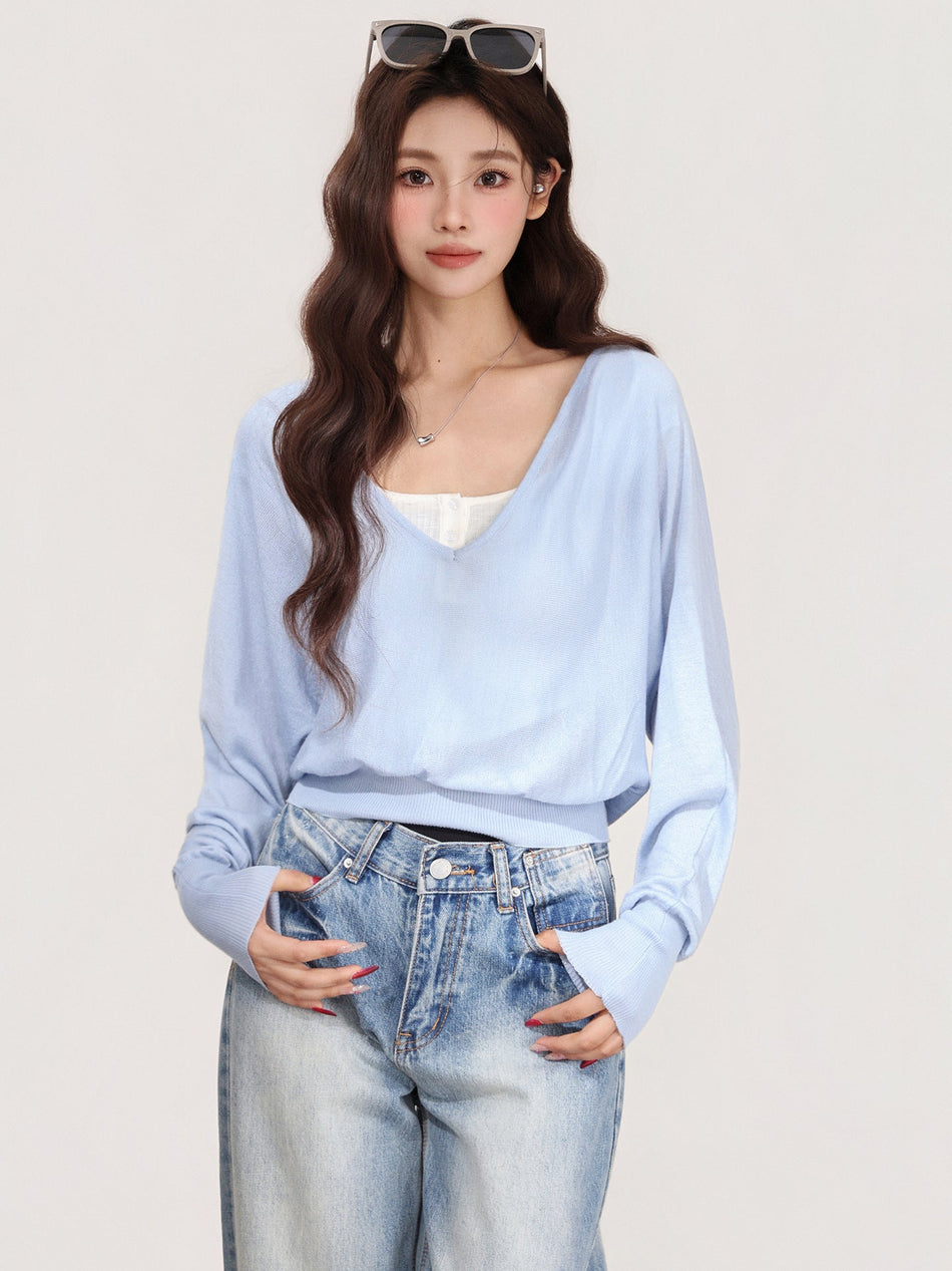 V-Neck Bat Sleeve Knit Two-Piece Set Women Winter