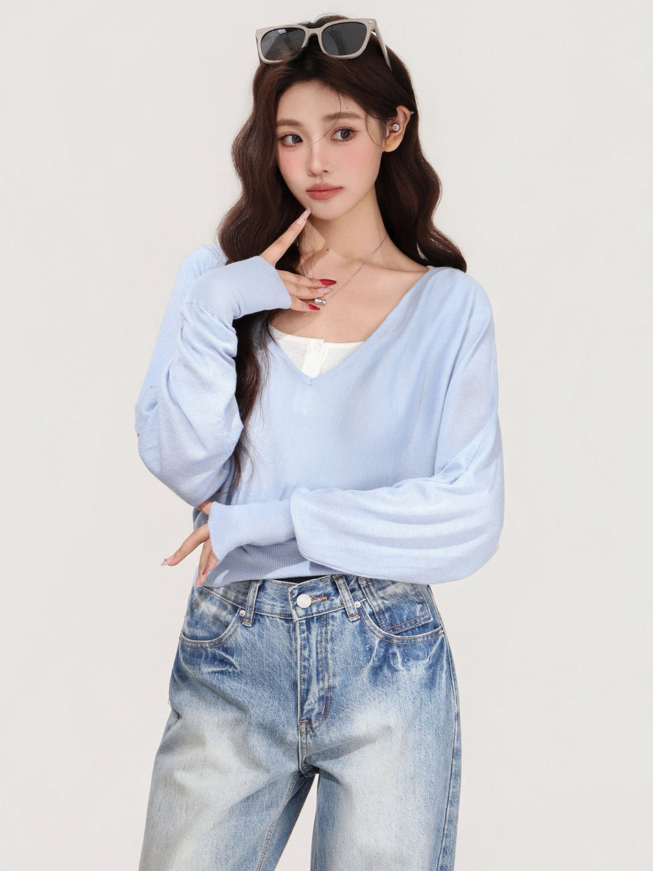 V-Neck Bat Sleeve Knit Two-Piece Set Women Winter