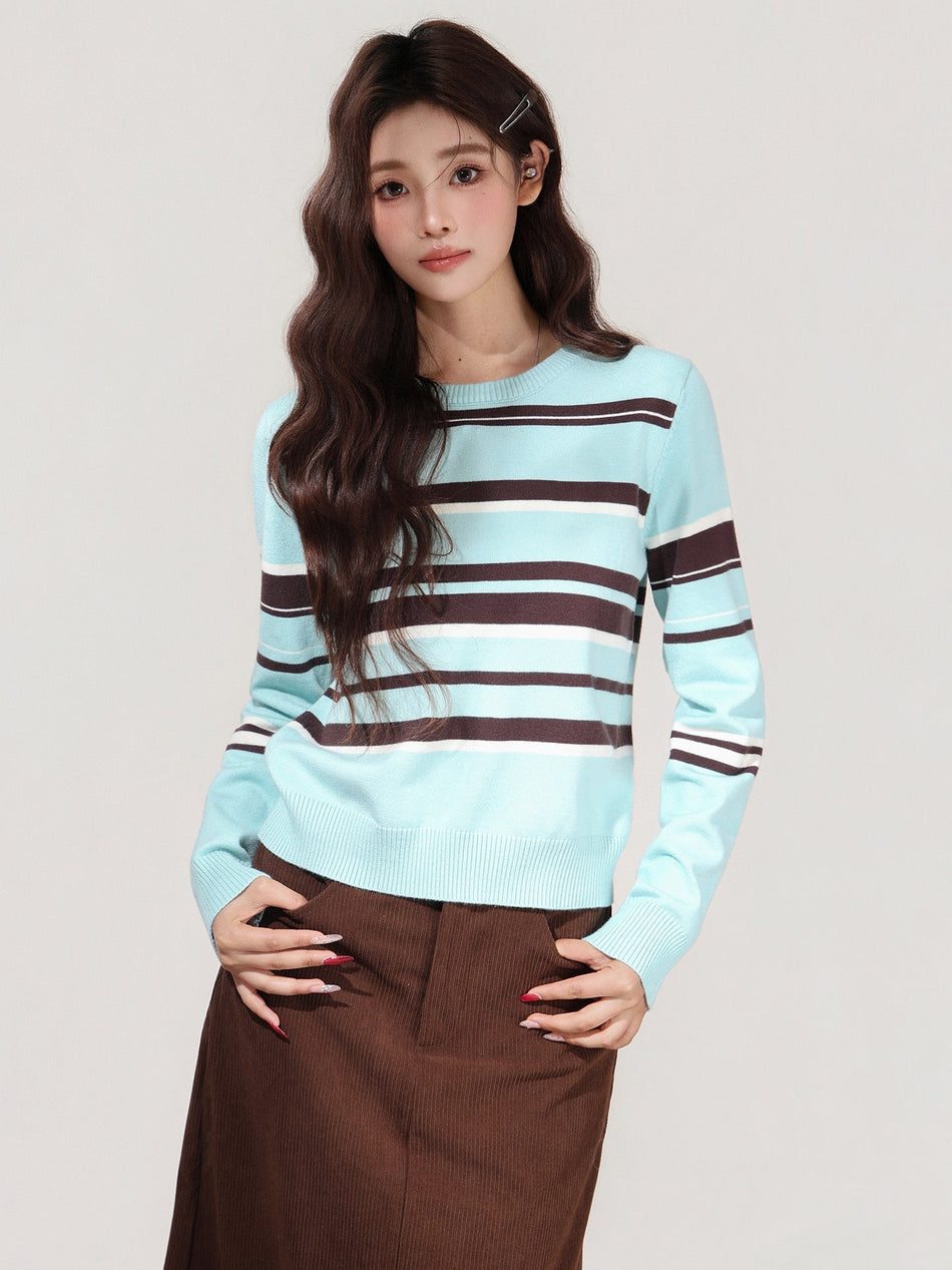 Blue Striped Color-Block Knit Sweater Women Winter