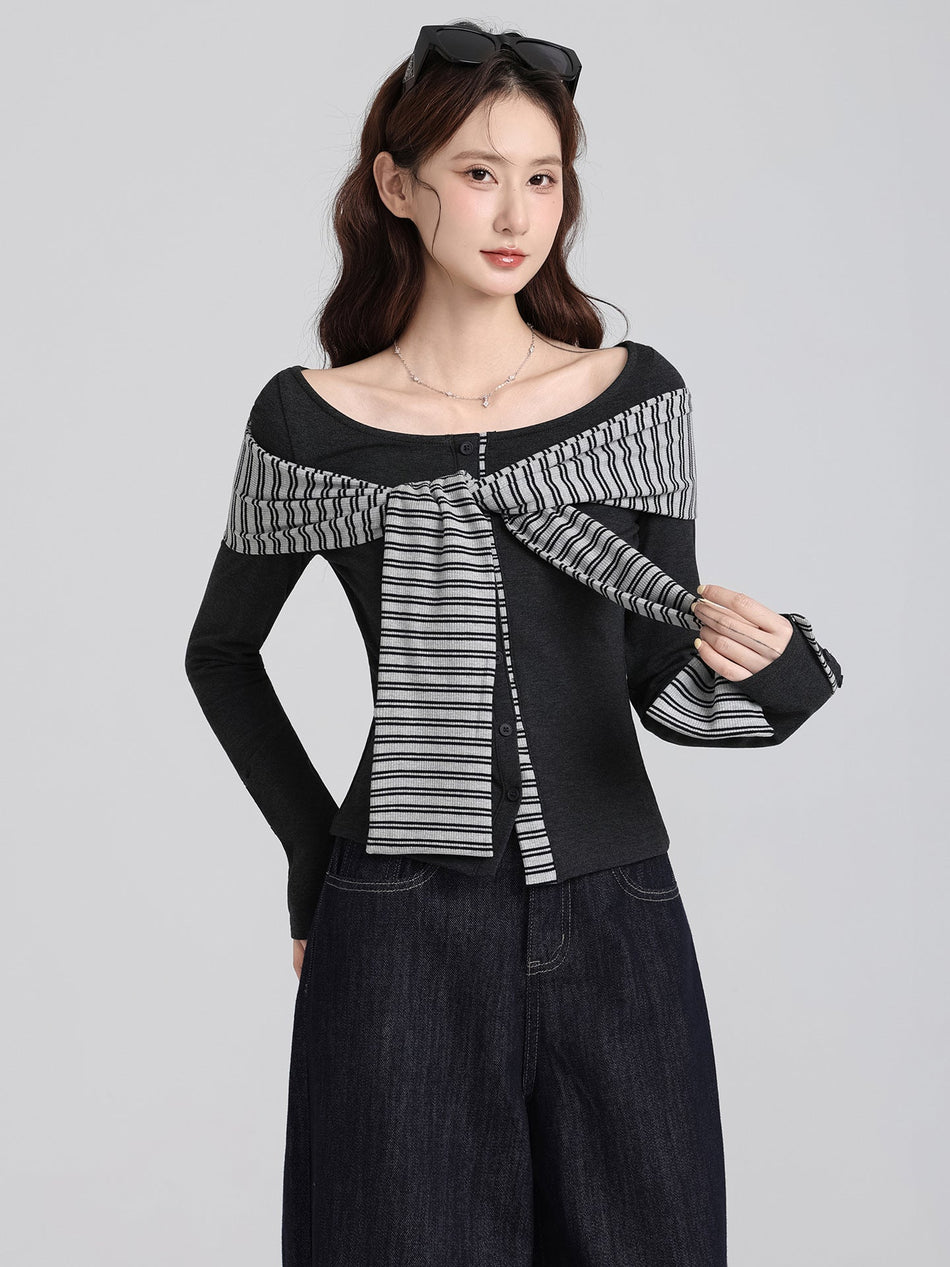 Korean Brushed Striped Shawl Top Women Winter