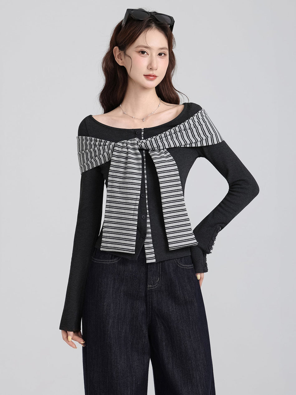 Korean Brushed Striped Shawl Top Women Winter