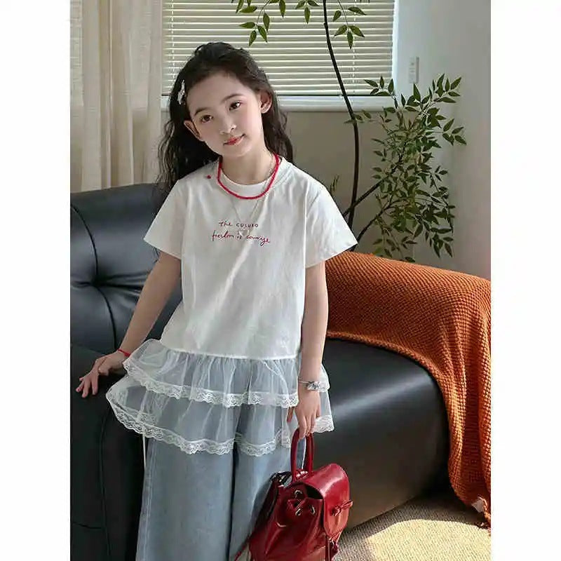 Girls 2025 Summer Mesh Splicing Short-Sleeve Top – Summer Kids Fashion Nepal | Tudoholic