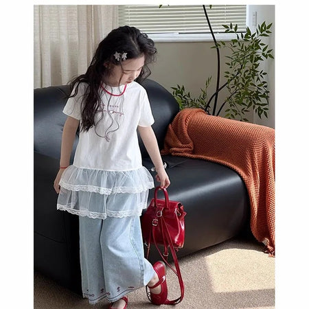Girls 2025 Summer Mesh Splicing Short-Sleeve Top – Summer Kids Fashion Nepal | Tudoholic