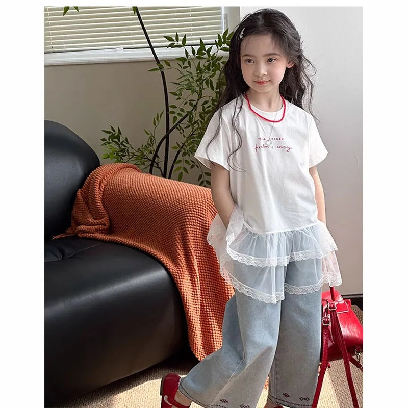 Girls 2025 Summer Mesh Splicing Short-Sleeve Top – Summer Kids Fashion Nepal | Tudoholic