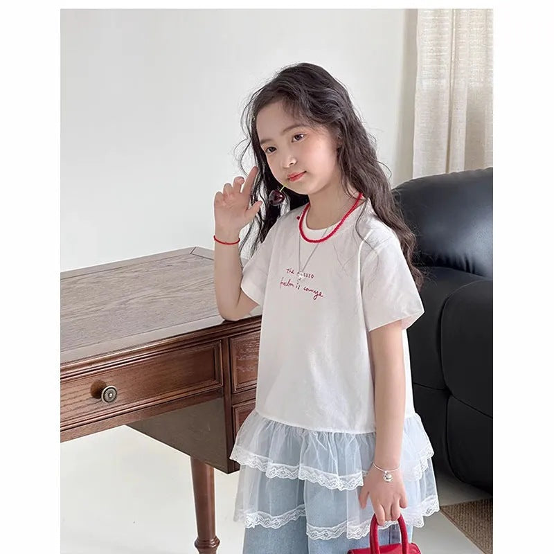 Girls 2025 Summer Mesh Splicing Short-Sleeve Top – Summer Kids Fashion Nepal | Tudoholic