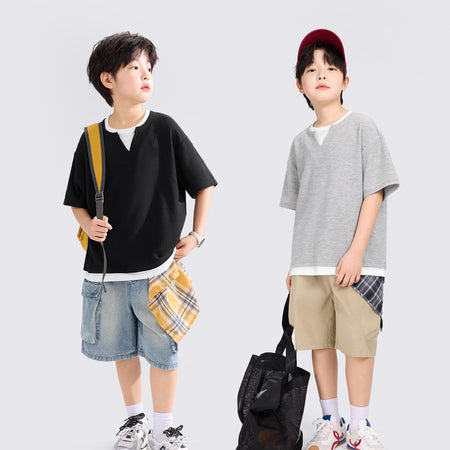 Boys’ Waffle T-Shirt 2026 – Fake Two-Piece Half Sleeve – Kids Fashion Nepal | Tudoholic