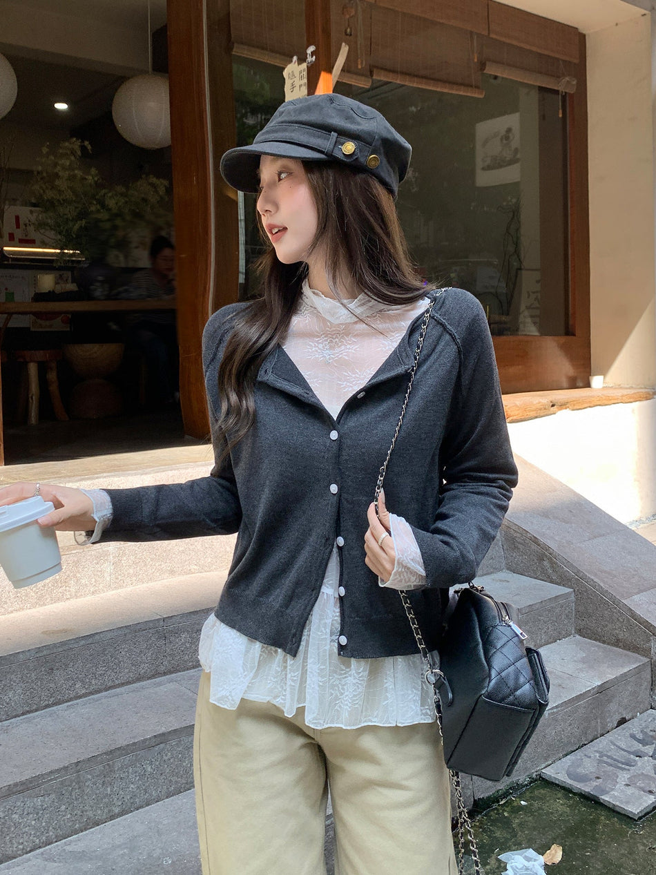 Gray Wool Knit Cardigan Women Autumn Winter Outerwear