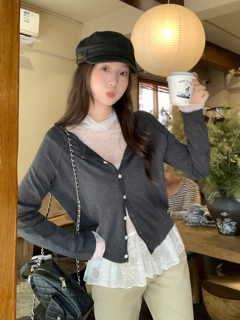 Gray Wool Knit Cardigan Women Autumn Winter Outerwear