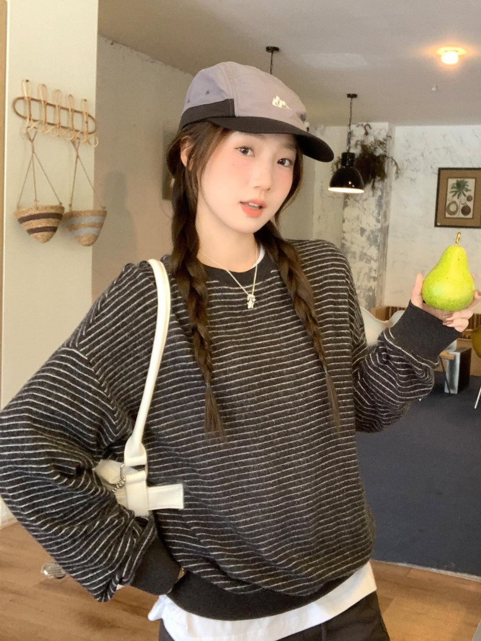 Women Gray Striped Sweatshirt 2026 Loose Fit Top