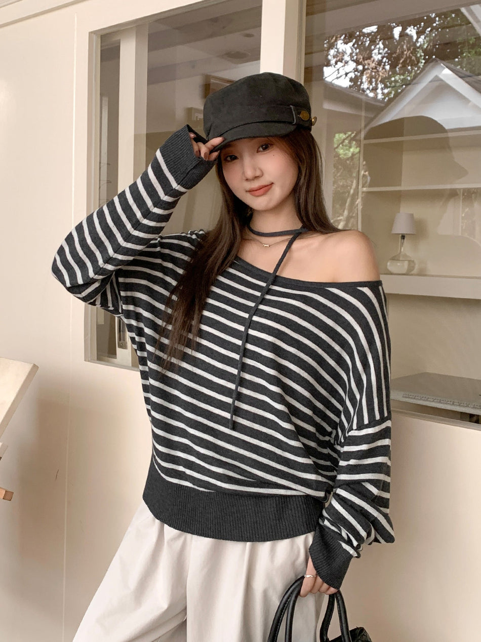 Women Black White Striped Knit Sweater 2026 Loose Fit