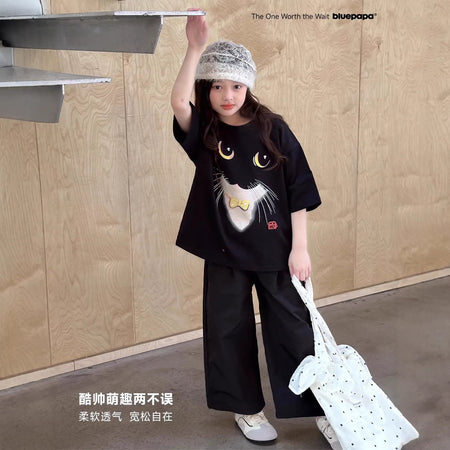 Girls’ Cat Cotton T-Shirt – Trendy Korean Summer Top – Summer Kids Fashion Nepal | Tudoholic