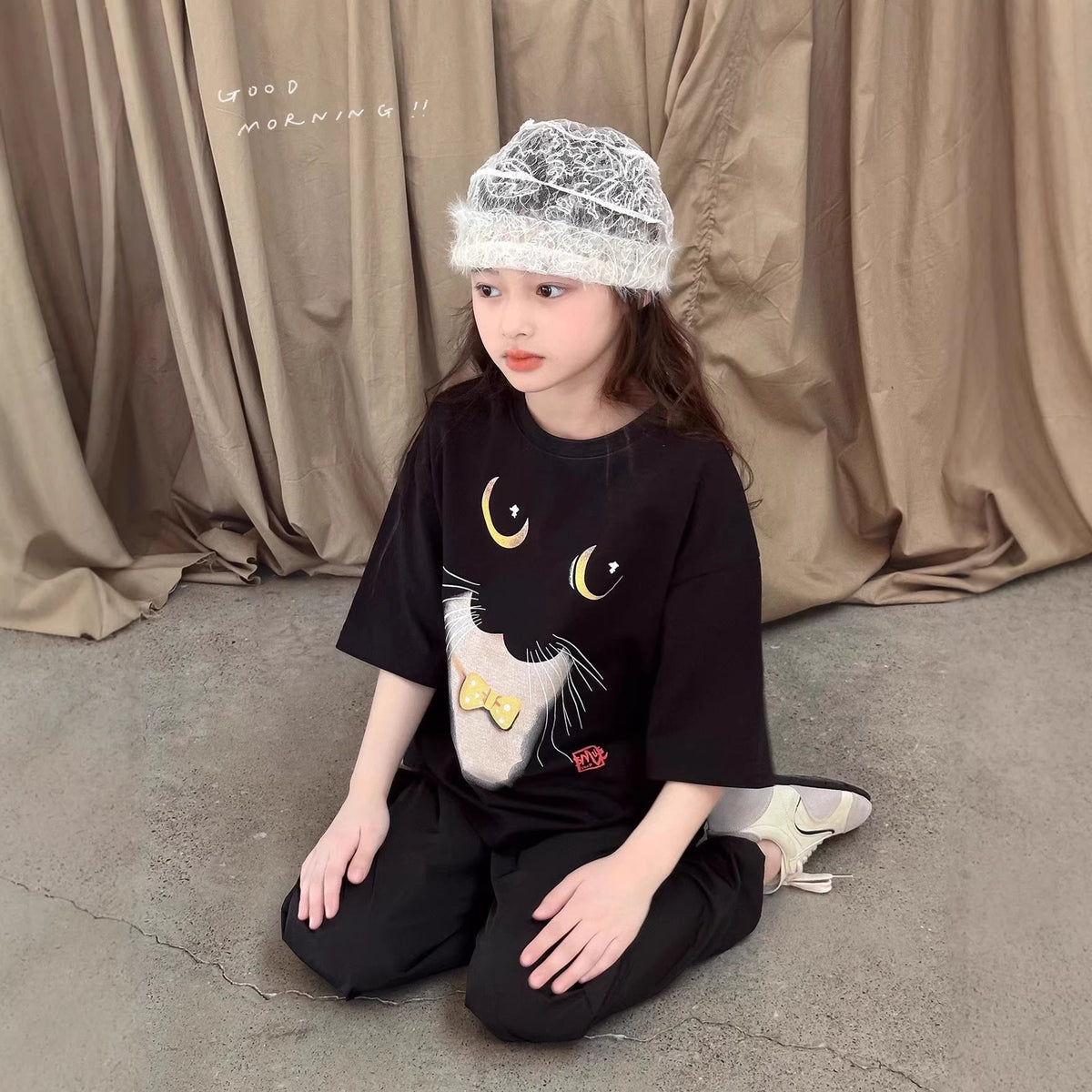 Girls’ Cat Cotton T-Shirt – Trendy Korean Summer Top – Summer Kids Fashion Nepal | Tudoholic