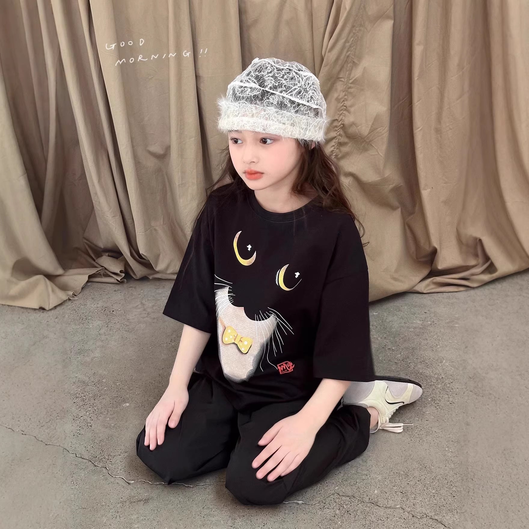 Girls’ Cat Cotton T-Shirt – Trendy Korean Summer Top – Summer Kids Fashion Nepal | Tudoholic