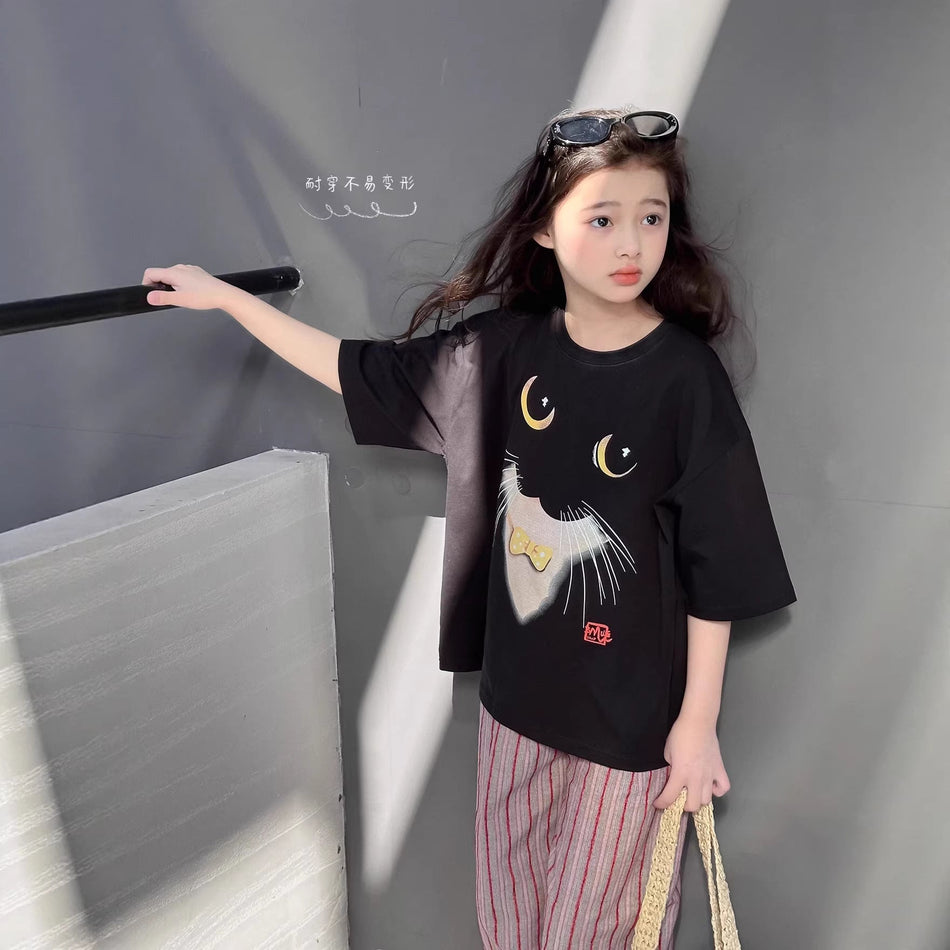 Girls’ Cat Cotton T-Shirt – Trendy Korean Summer Top – Summer Kids Fashion Nepal | Tudoholic