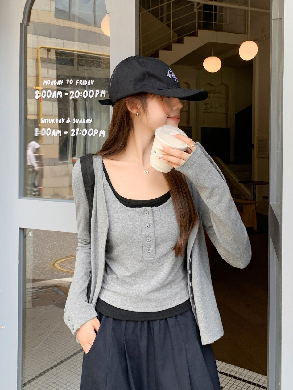 Women Gray V-Neck Cardigan 2026 Slim Fit Autumn Top