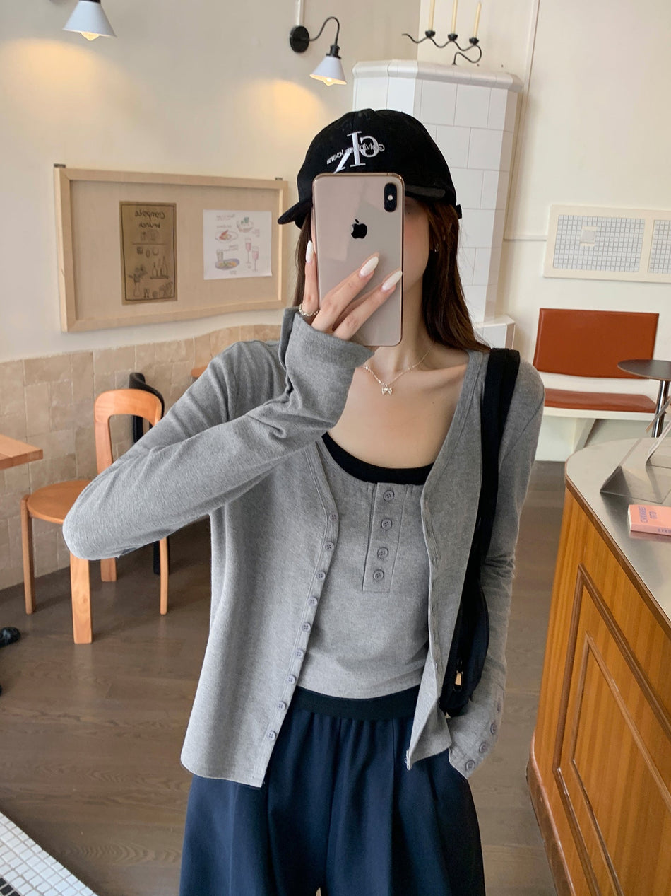 Women Gray V-Neck Cardigan 2026 Slim Fit Autumn Top