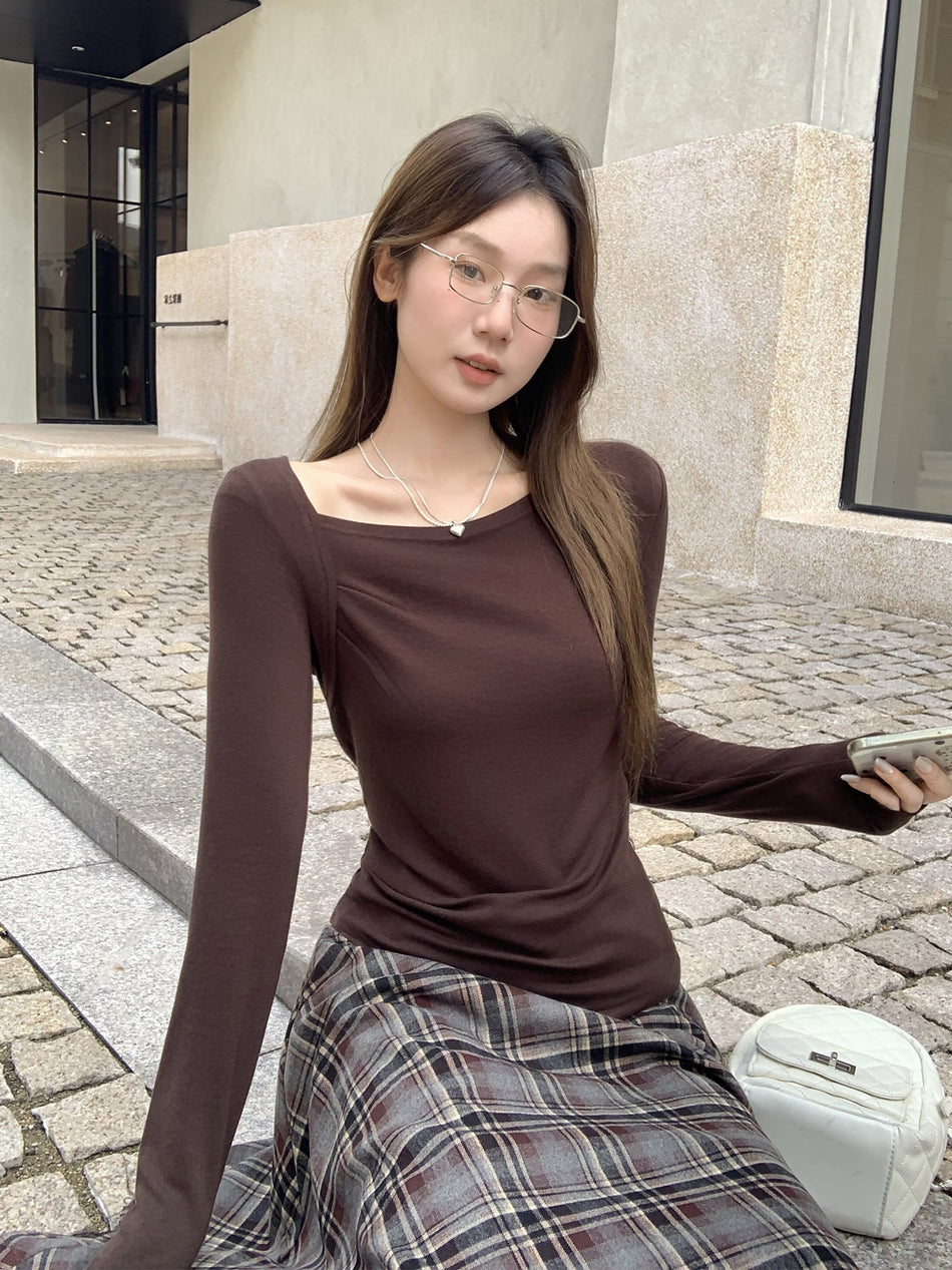 Women Coffee Off-Shoulder Long Sleeve Top 2026 Autumn