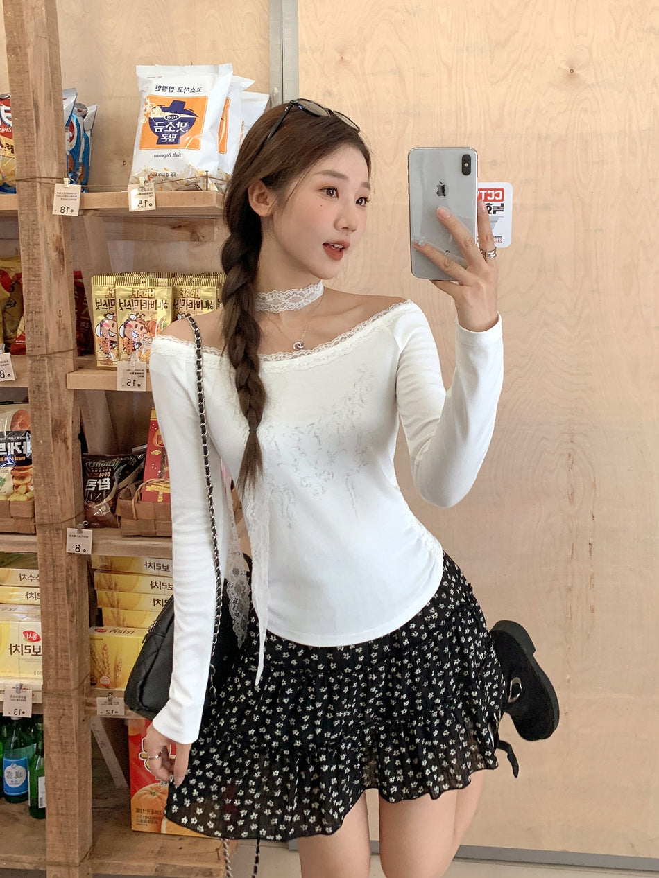 Women Lace Off-Shoulder Long Sleeve Top 2026 Slim Fit