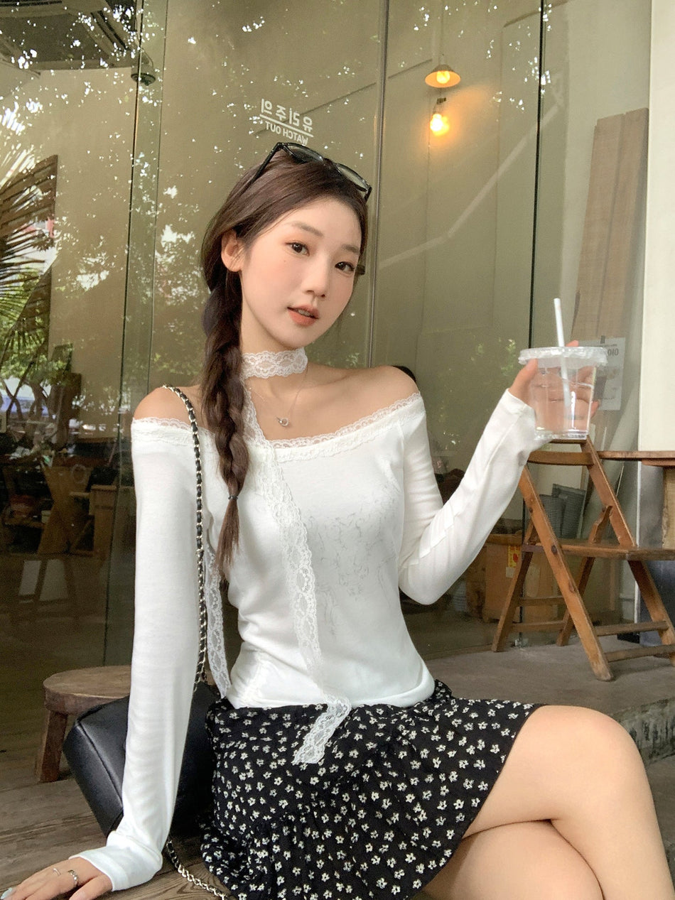 Women Lace Off-Shoulder Long Sleeve Top 2026 Slim Fit