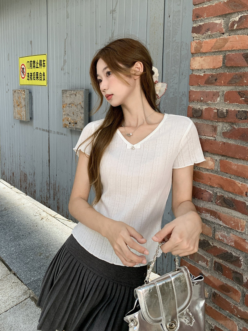 Women V-Neck Bow Off Shoulder Summer T-Shirt 2026