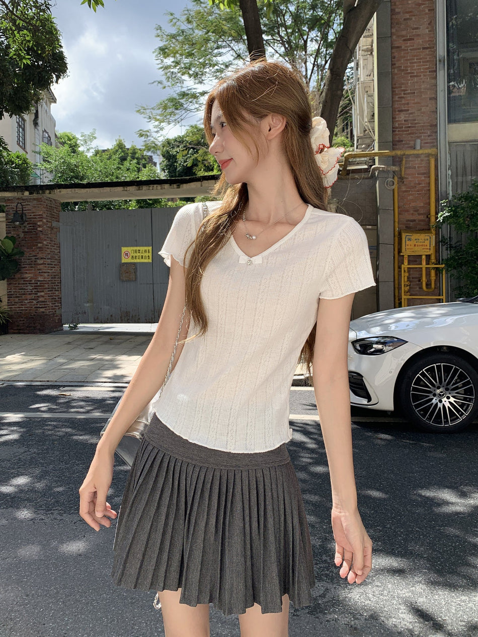 Women V-Neck Bow Off Shoulder Summer T-Shirt 2026