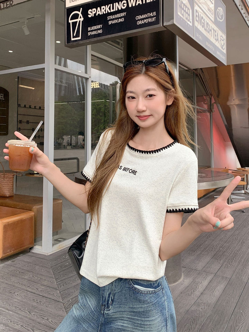 Women Gray Floral Embroidery T-Shirt 2026 Loose Fit