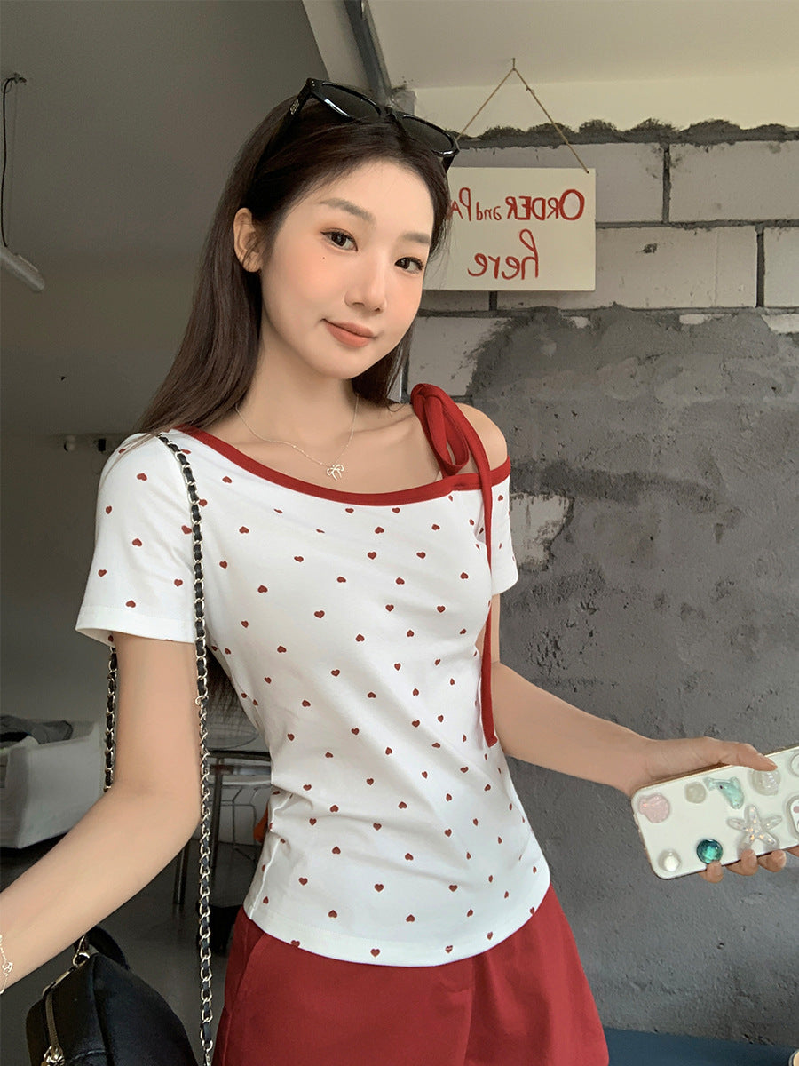 Women Red Heart Polka Dot Off Shoulder Top 2026 Summer