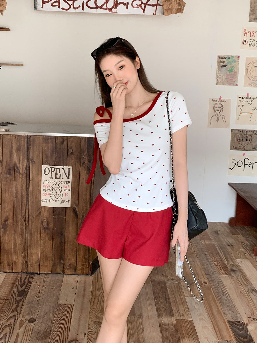 Women Red Heart Polka Dot Off Shoulder Top 2026 Summer