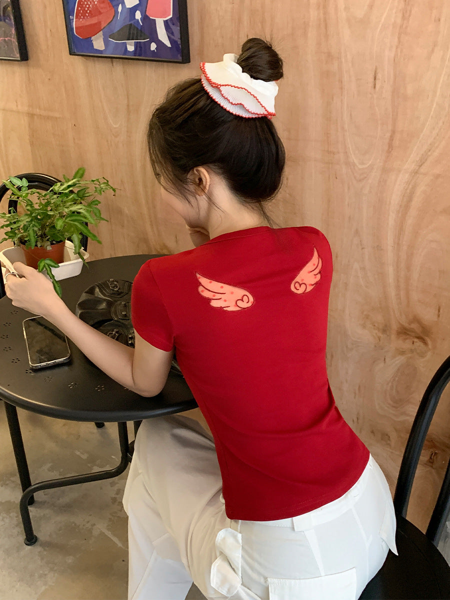 Women Korean Embroidered T-Shirt 2026 Slim Fit Summer